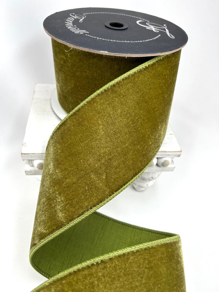 Farrisilk Olive Velvet Wired Ribbon - 4"
