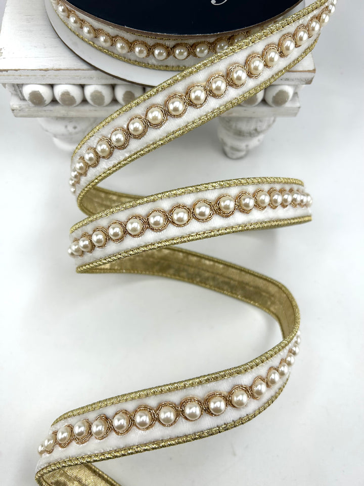 Farrisilk Ivory Pearl Borders Wired Ribbon - 1"