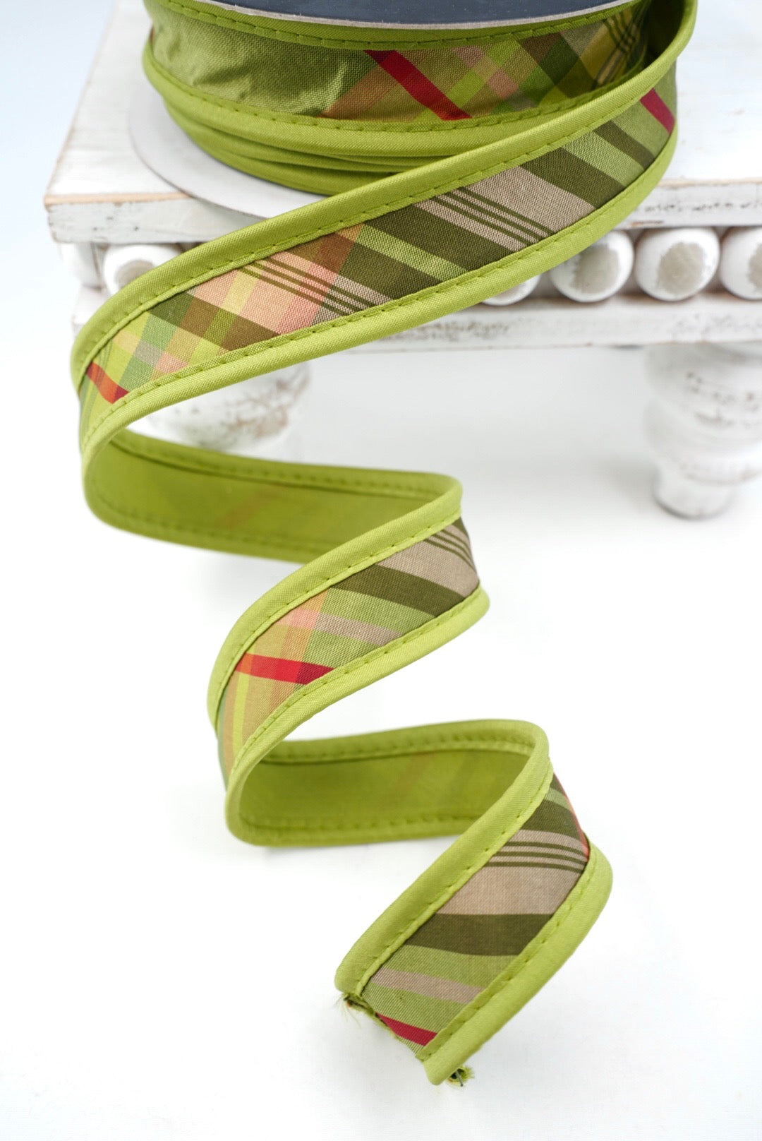 John Mark, Green Plaid Taffeta Wired Ribbon - 1"