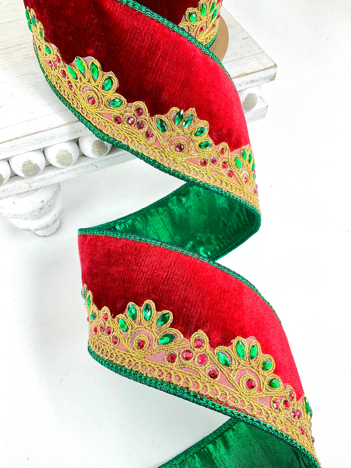 Gold Scallope Jewel Trim Wired Premium Velvet Ribbon - 2.5"