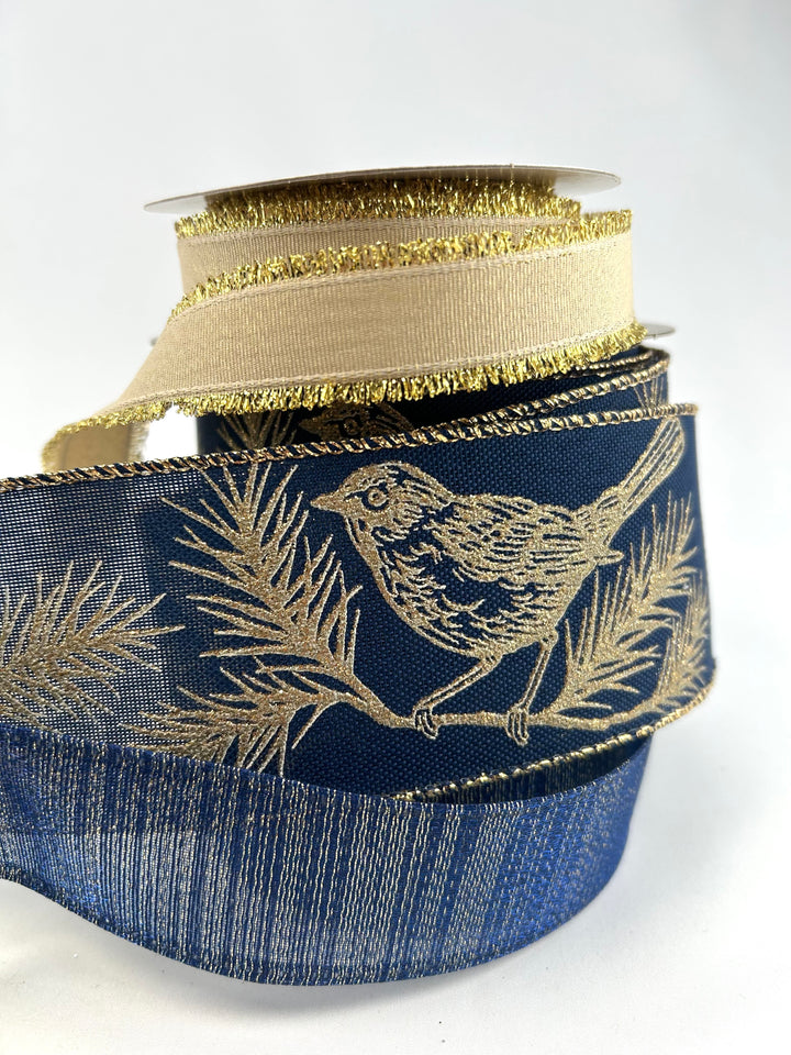 Navy Blue And Golden Bird Bow Bundle x 3 Ribbons