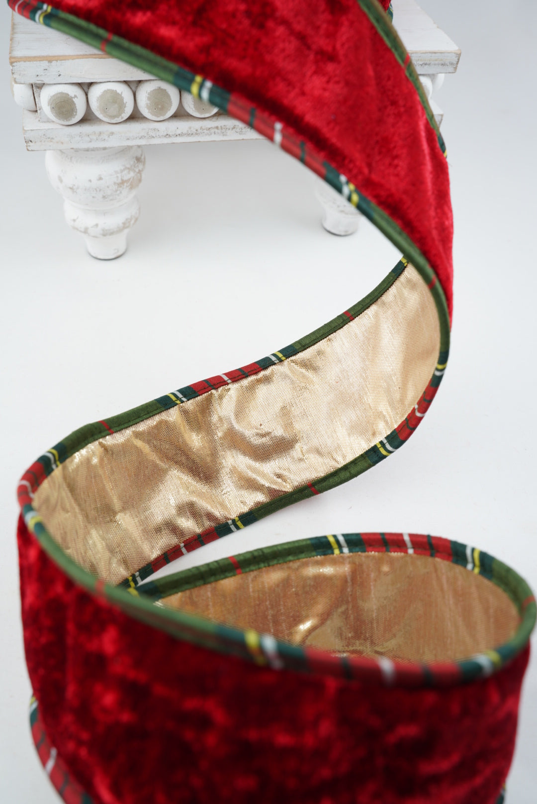 John Mark, Red Velvet And Metallic Dupion Plaid Piping Wired Ribbon - 2.5”
