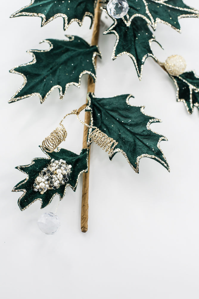 Artificial Green Velvet Holly Berry With Glitter Spray - 25"