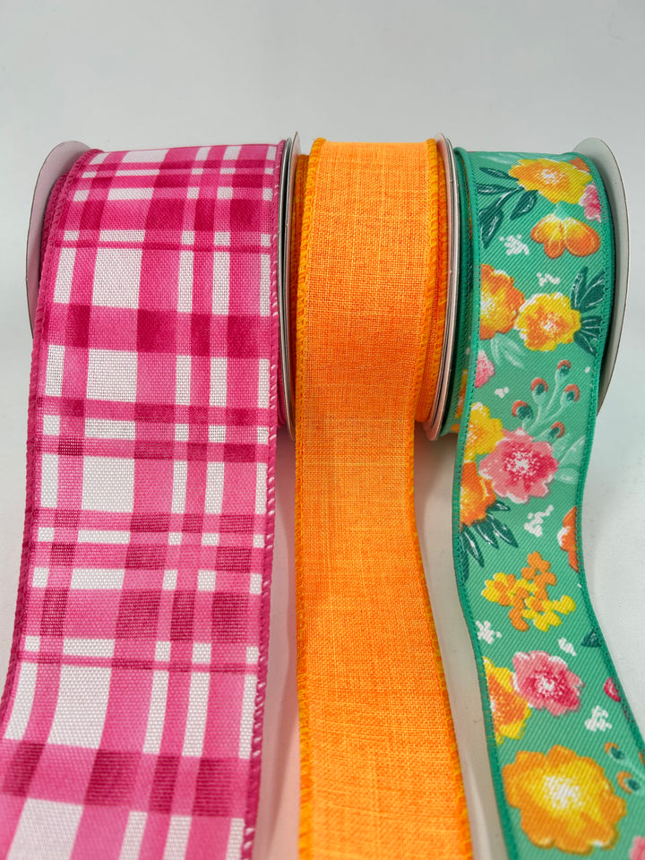 Vibrant Orange And Pink Floral bow bundle x 3 wired ribbons