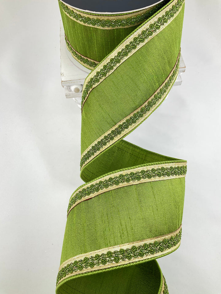Olive Vintage Scroll Farrisilk Wired Ribbon - 4"