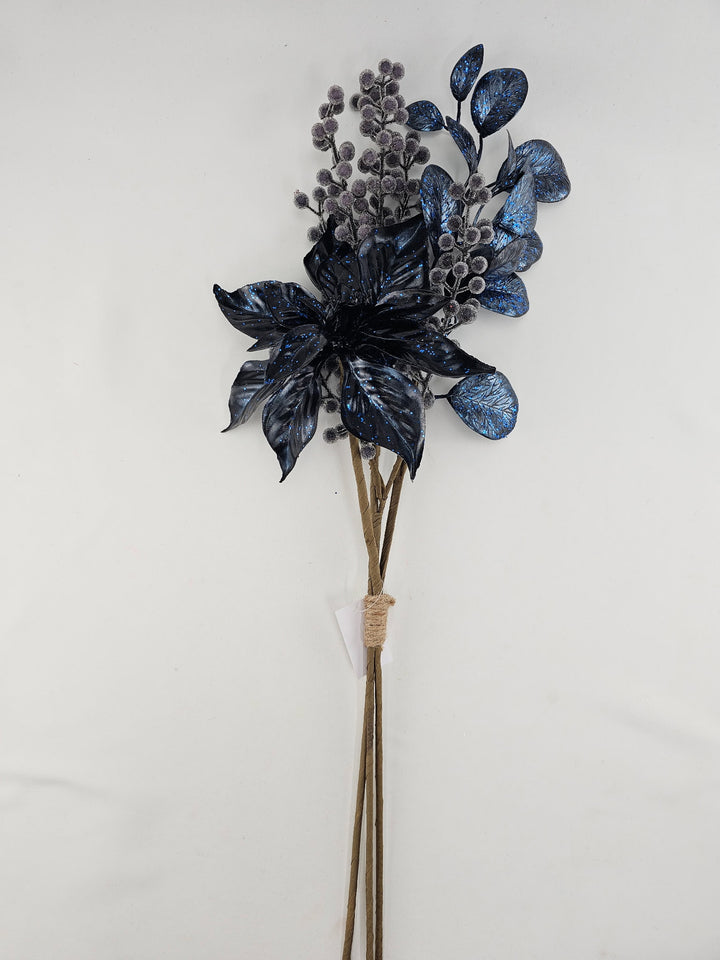 Artificial Blue Mixed Poinsettia Berry Bundle - 25"