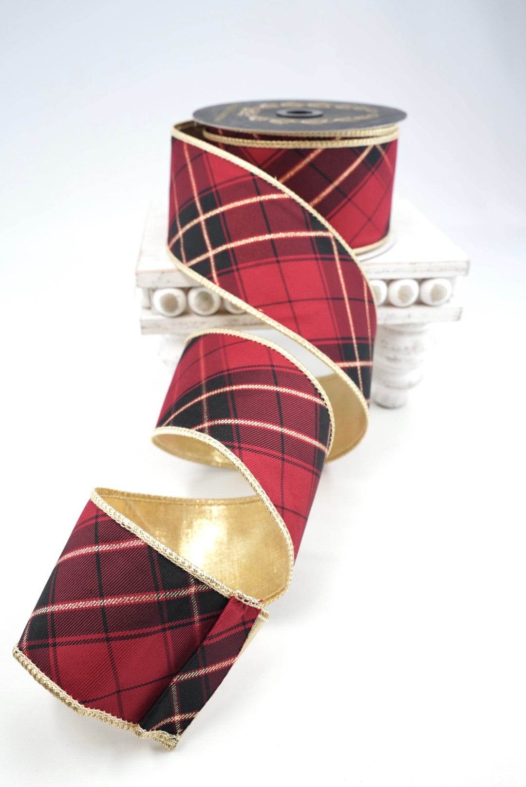 John Mark, Burgundy & Gold Plaid Wired Ribbon - 2.5"