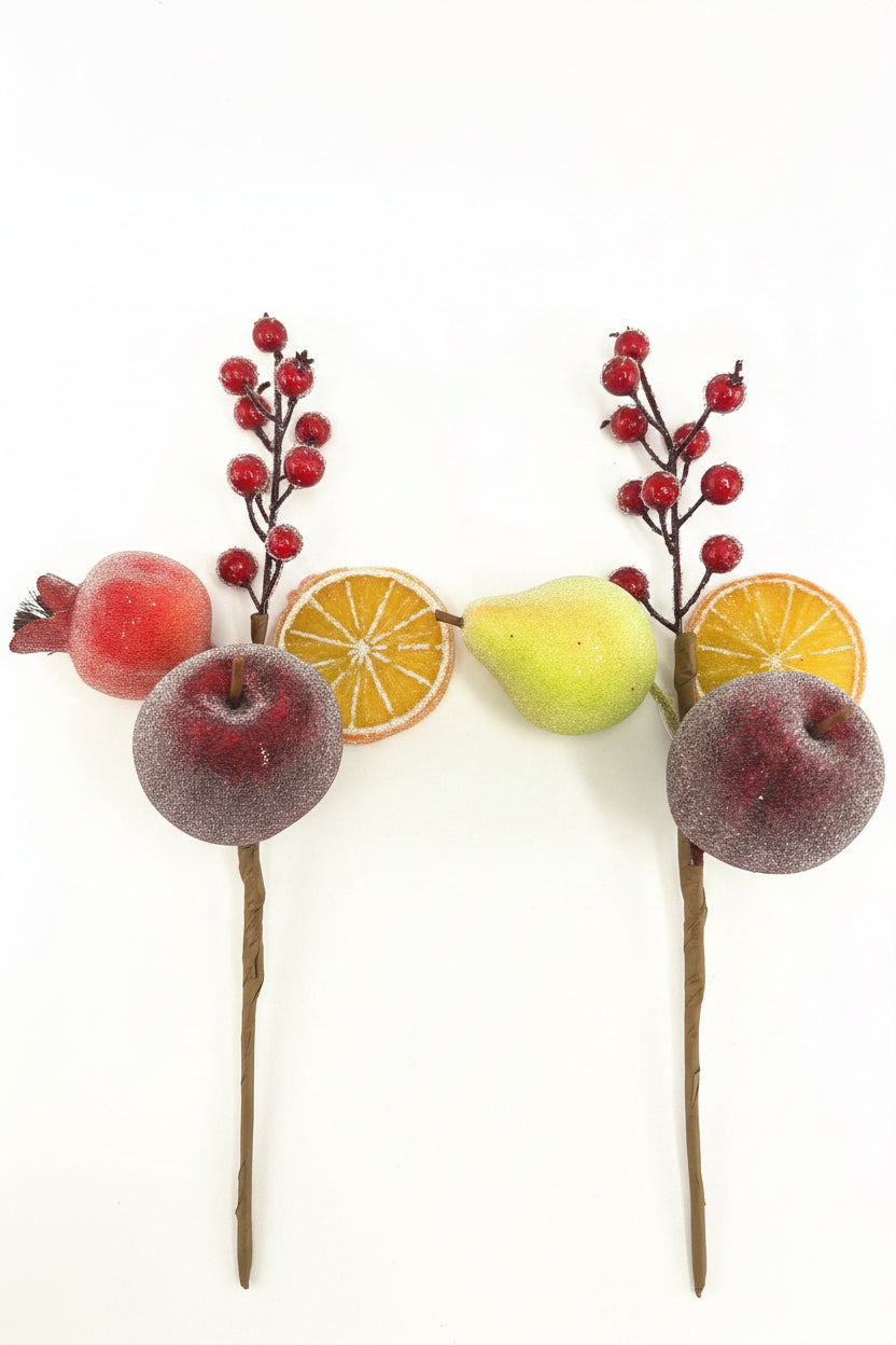 Artificial Red & Orange Pear, Apple, Berry & Orange Pick - 12" - SET of 2 assorted