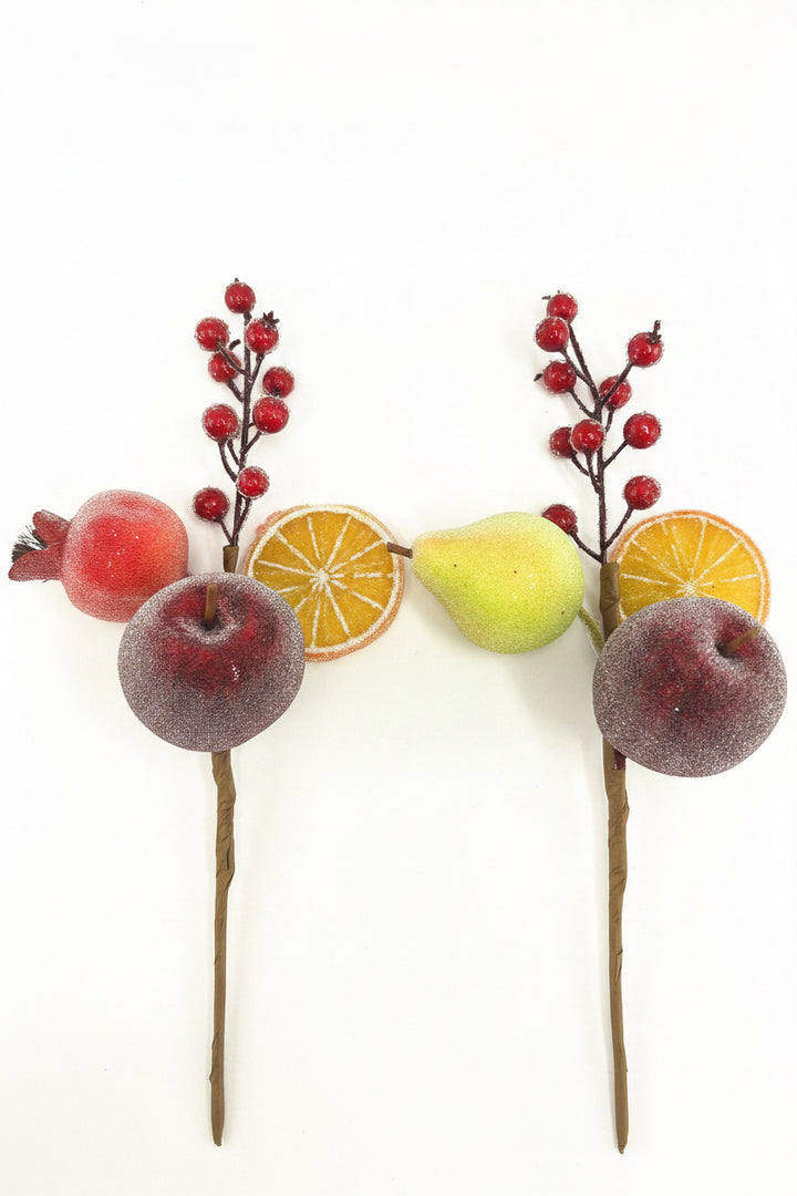 Artificial Red & Orange Pear, Apple, Berry & Orange Pick - 12" - SET of 2 assorted