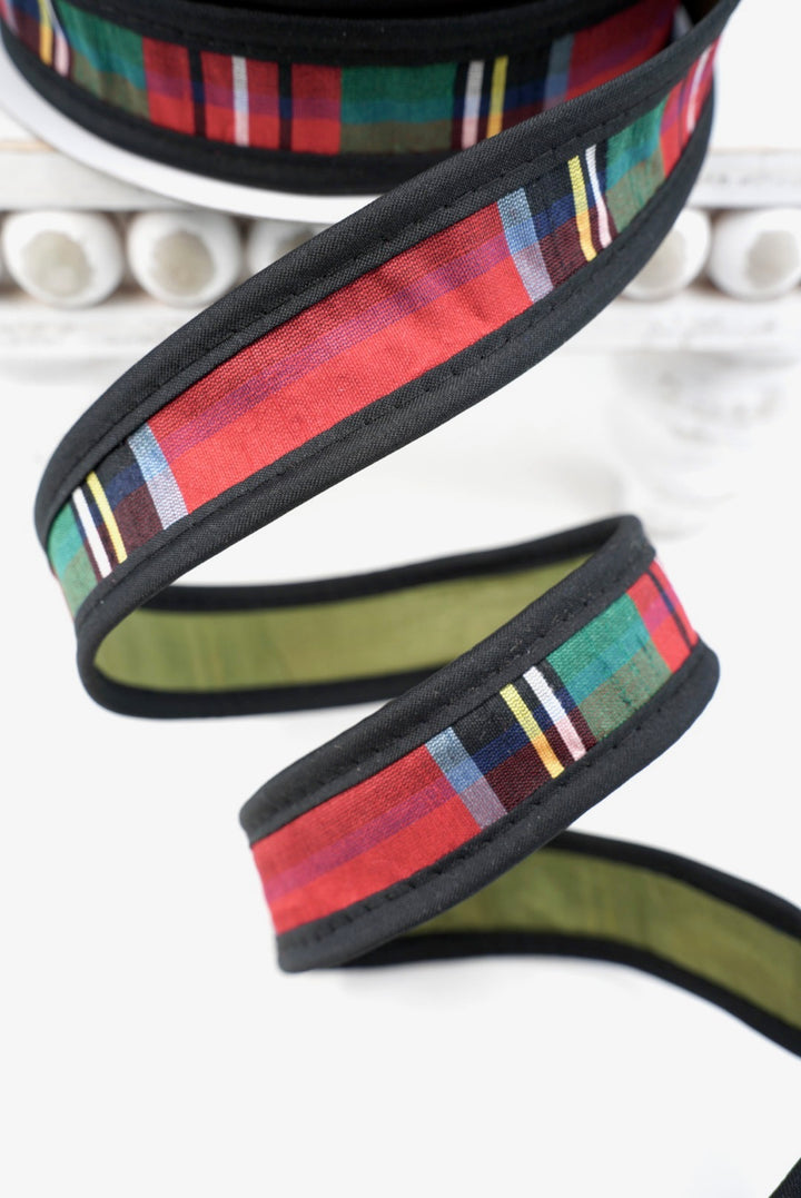 John Mark, Olive Back, Royal Stewart Plaid Dupion Wired Ribbon - 1"
