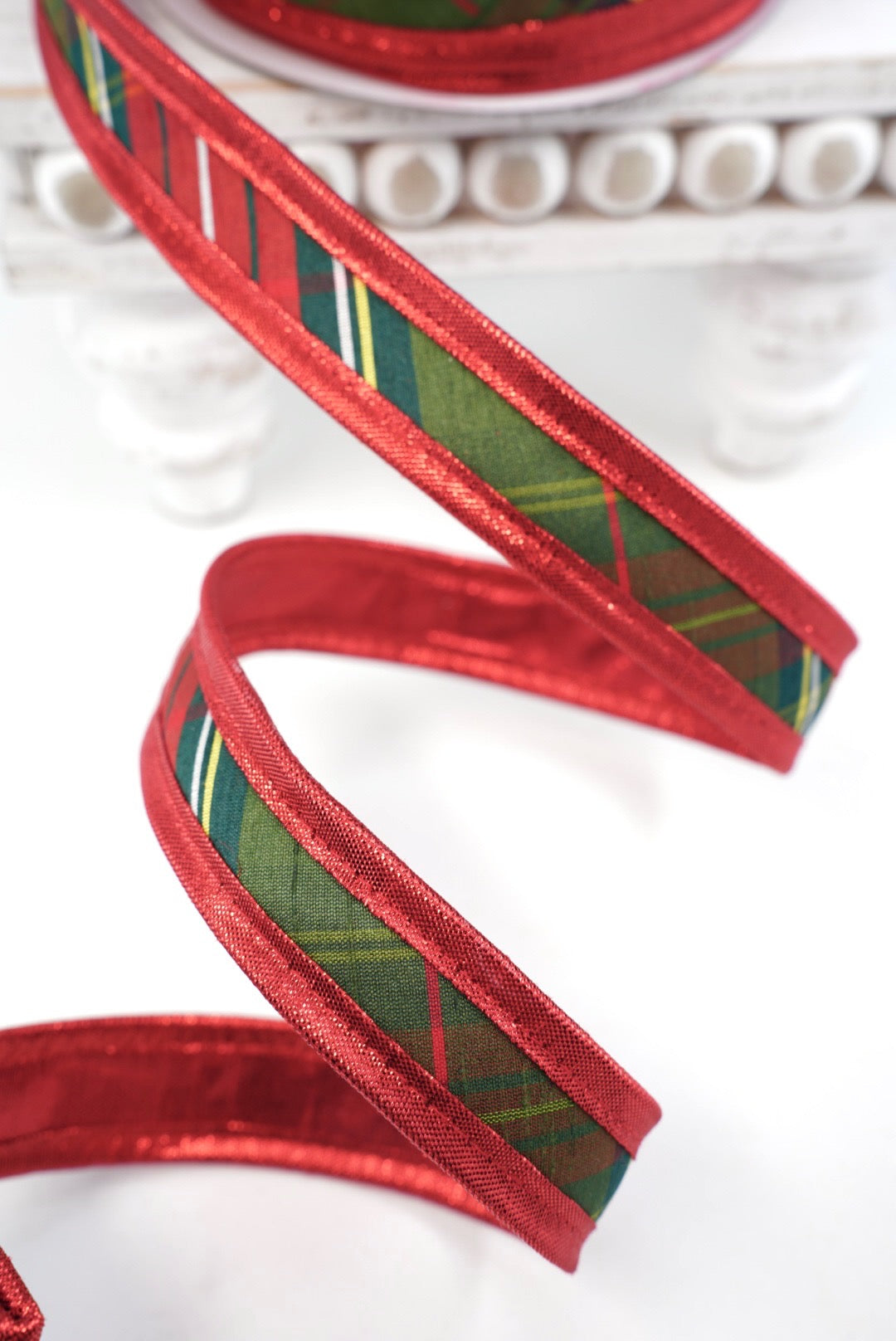 John Mark, Red Traditions Plaid Metallic Wired Ribbon - 1"