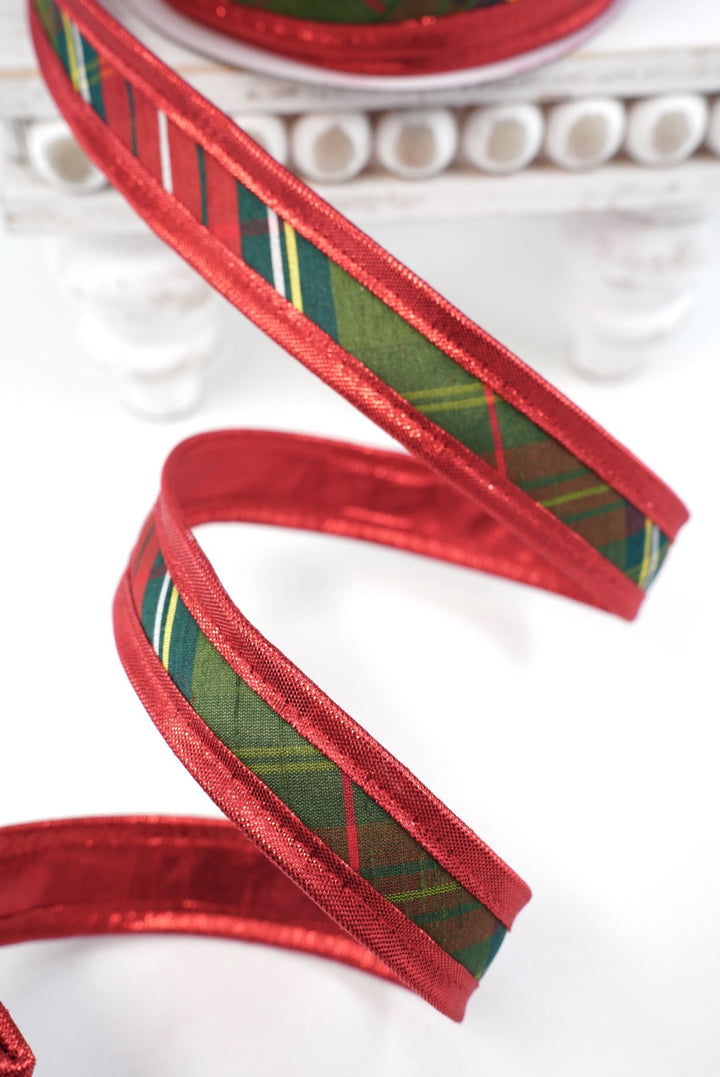 John Mark, Red Traditions Plaid Metallic Wired Ribbon - 1"
