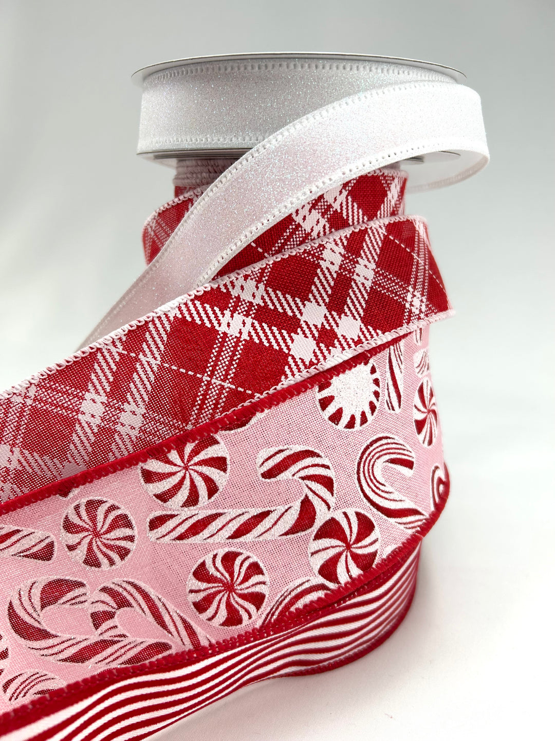 Pink Peppermint bow bundle x 4 wired ribbons