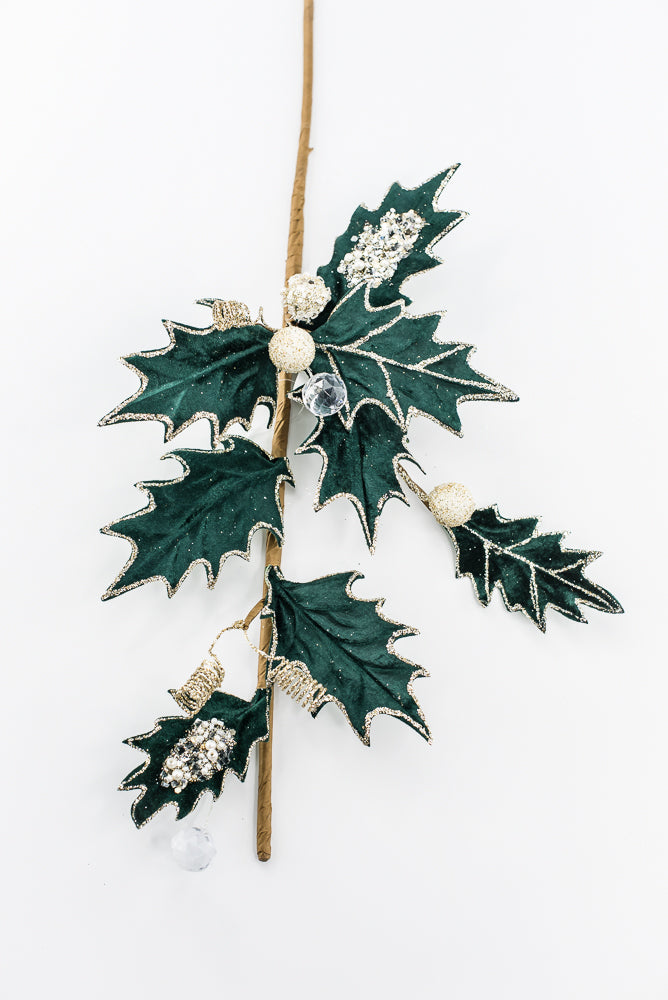 Artificial Green Velvet Holly Berry With Glitter Spray - 25"