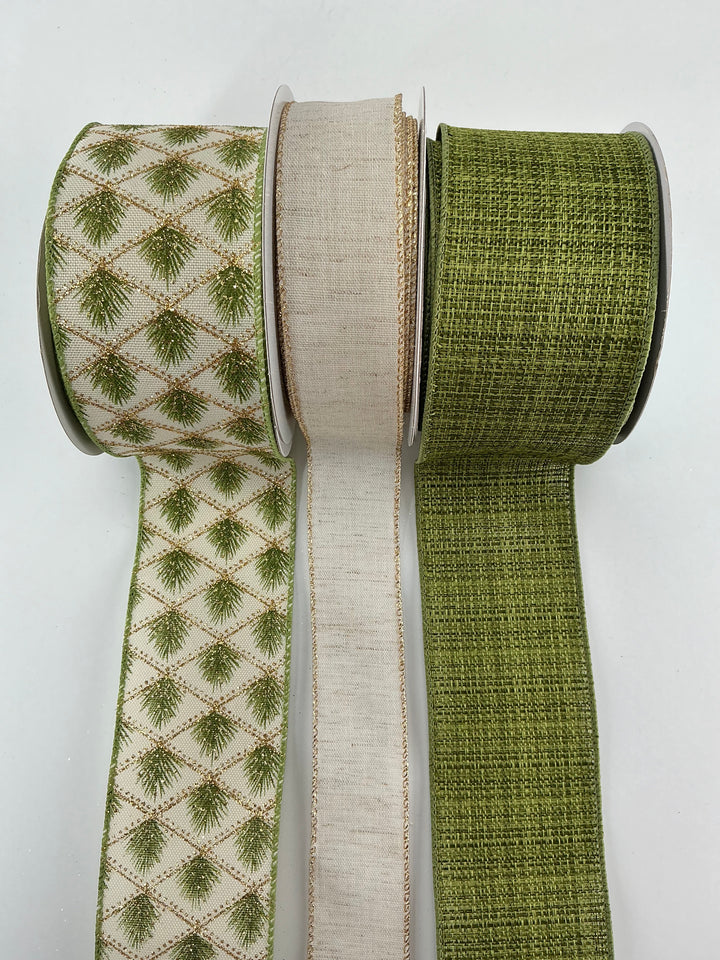 Cream and green pine ribbon bow bundle x 3 ribbons