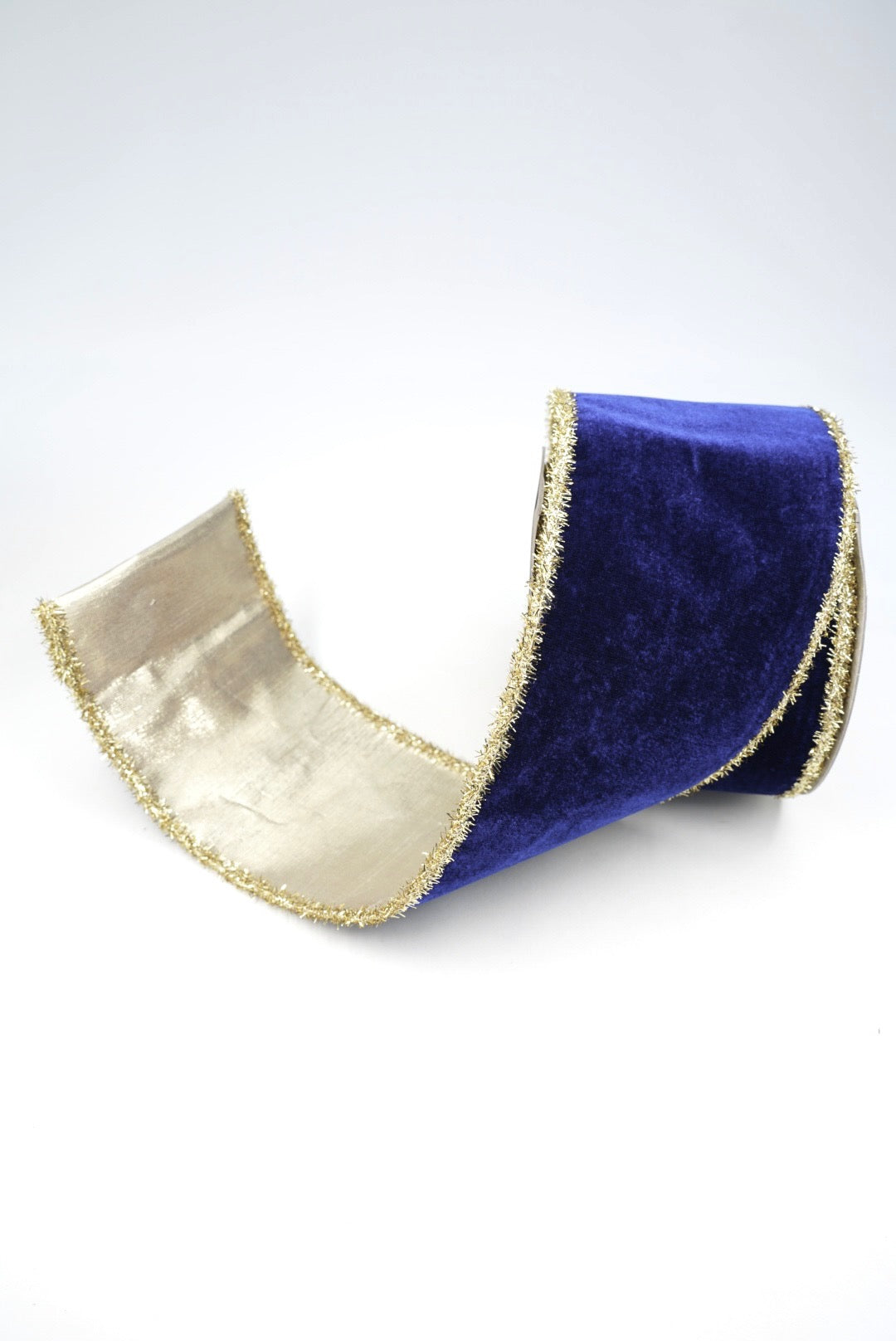John Mark, Blue Velvet Metallic Dupion Tinsel Edge Wired Ribbon - 4"