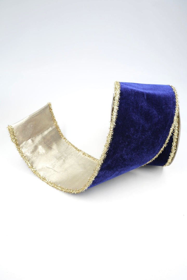 John Mark, Blue Velvet Metallic Dupion Tinsel Edge Wired Ribbon - 4"