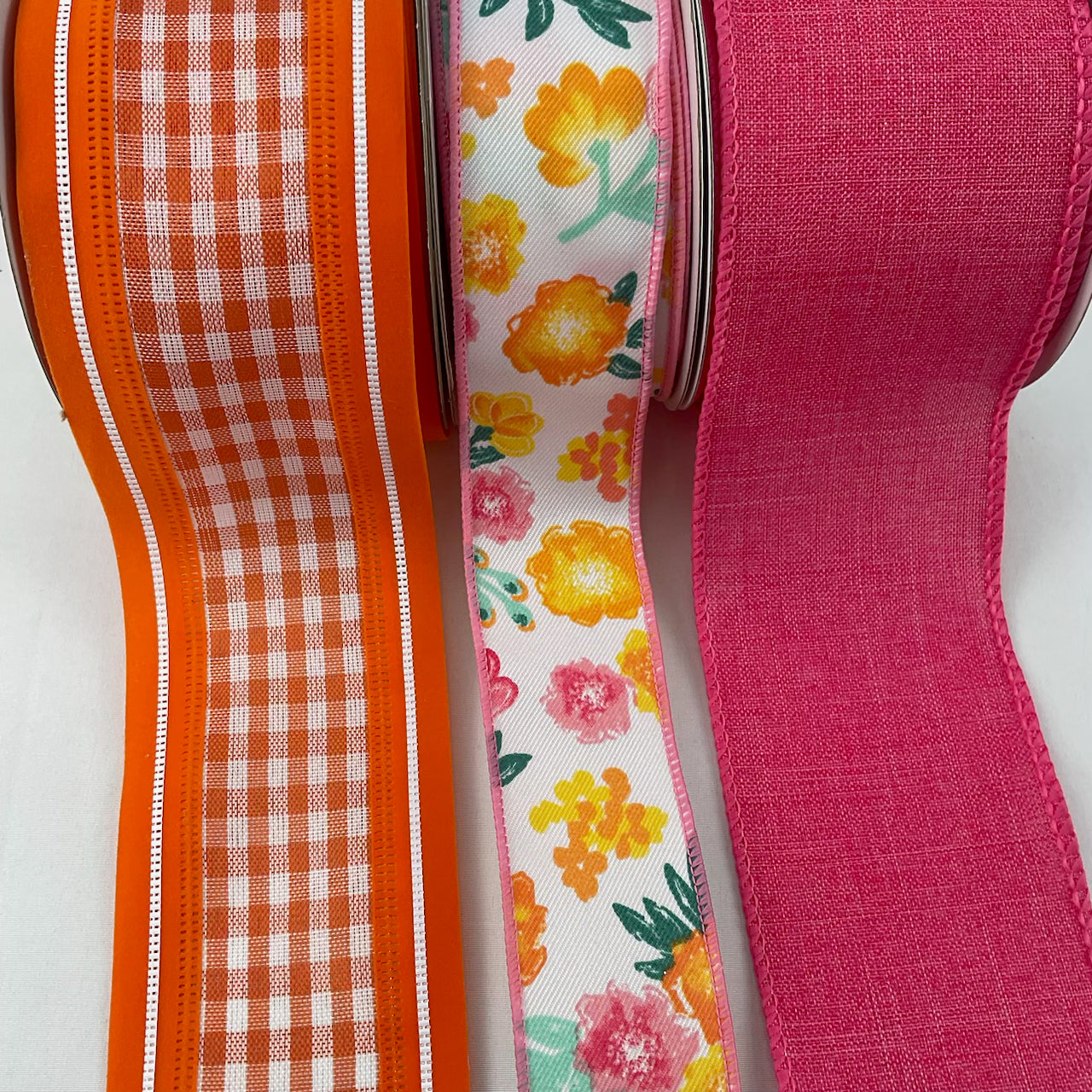 Hot pink and orange brights floral bow bundle x 3 wired ribbons