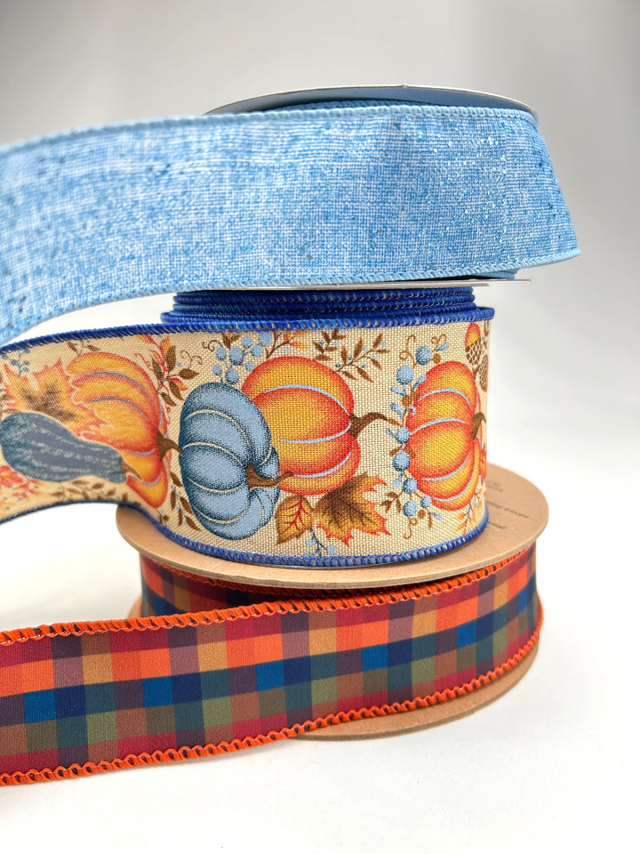 Blue Plaid Pumpkin Bow Bundle x 3 Ribbons