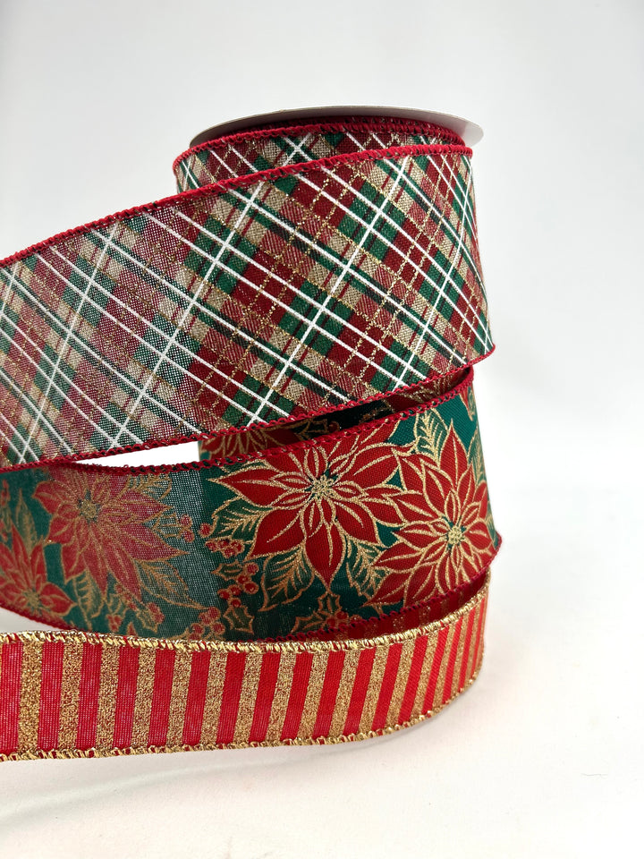 Christmas Red & Green Poinsettia Bow Bundle x 3 Wired Ribbons