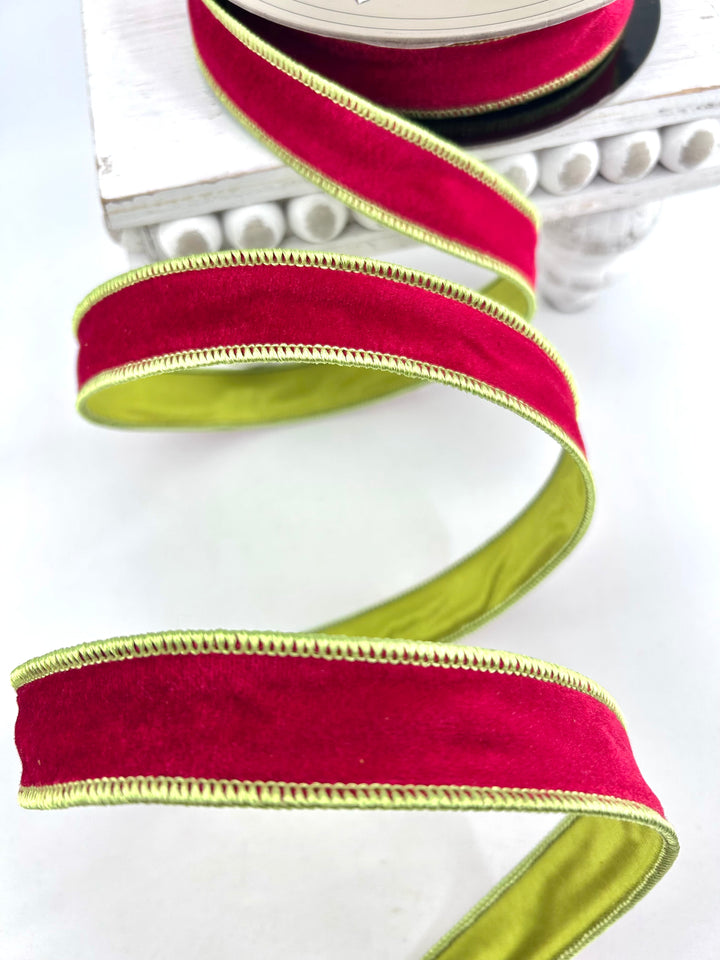 D Stevens Red & Green Velvet Wired Ribbon 1.5”