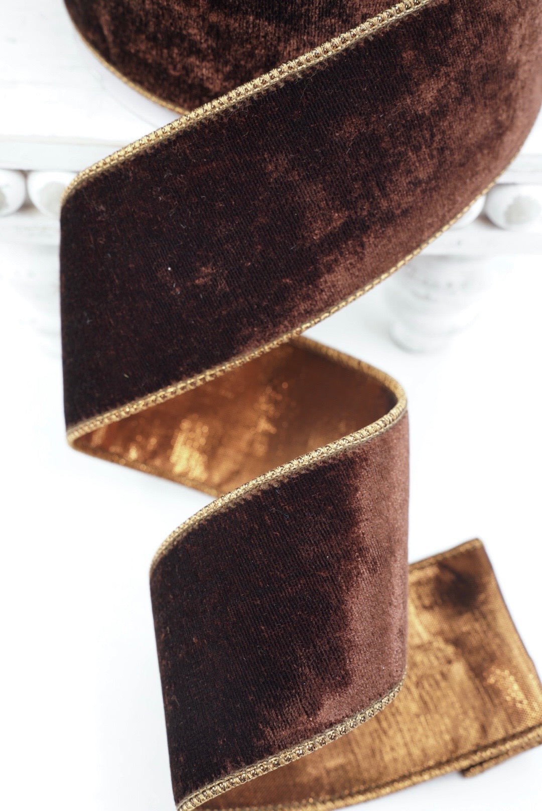 John Mark, Dark Brown Velvet Metallic Dupion Wired Ribbon - 2.5"