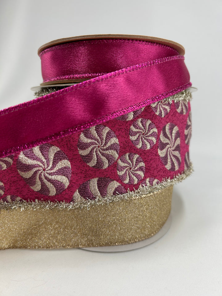 Pink Peppermint Tinsel Bow Bundle x 3 Wired Ribbons