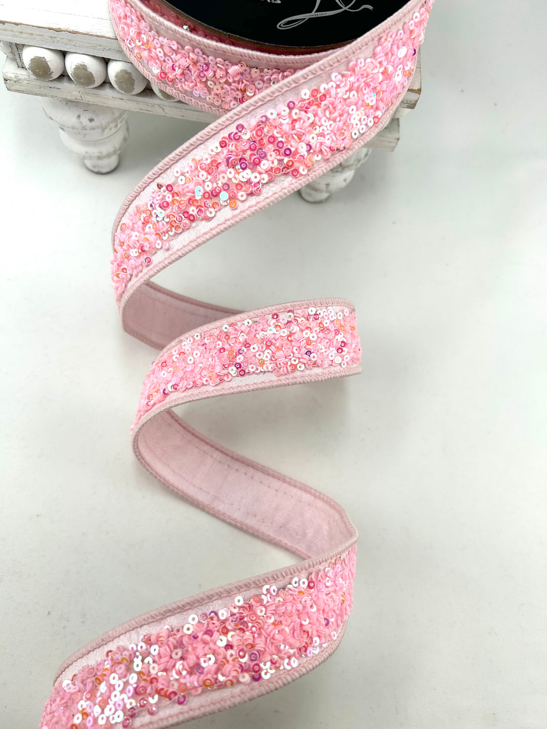 Pink Sequins Sparkles Light Farrisilk Wired Ribbon - 1"