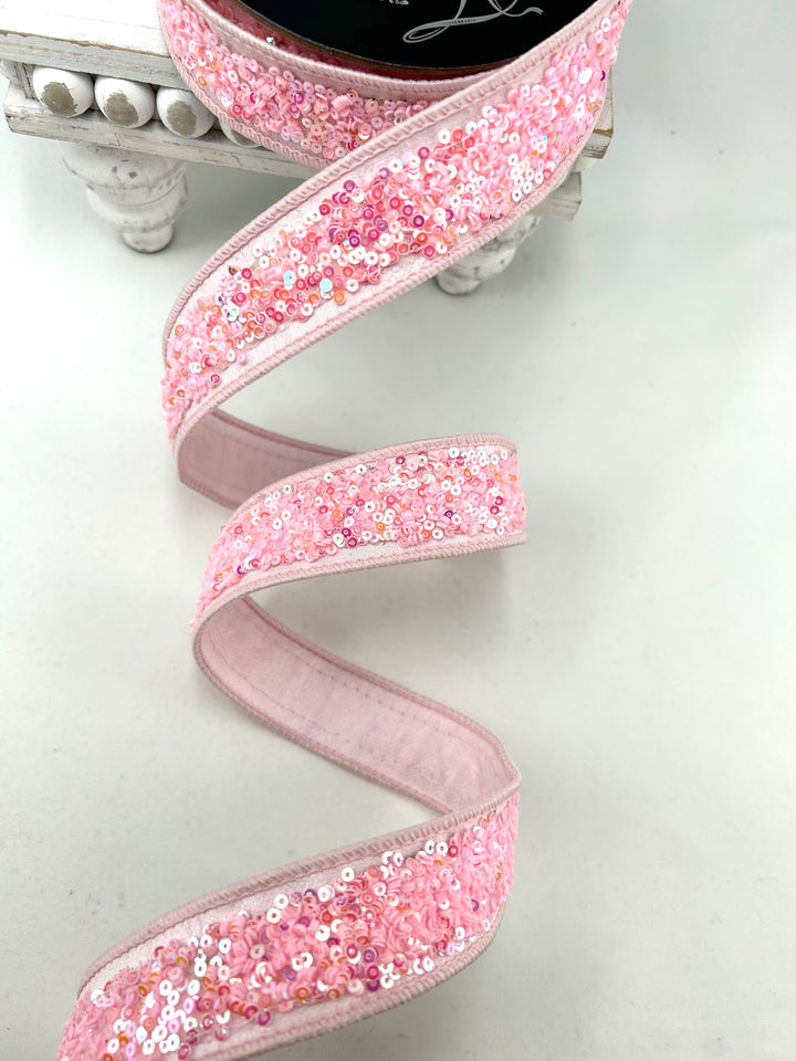 Pink Sequins Sparkles Light Farrisilk Wired Ribbon - 1"