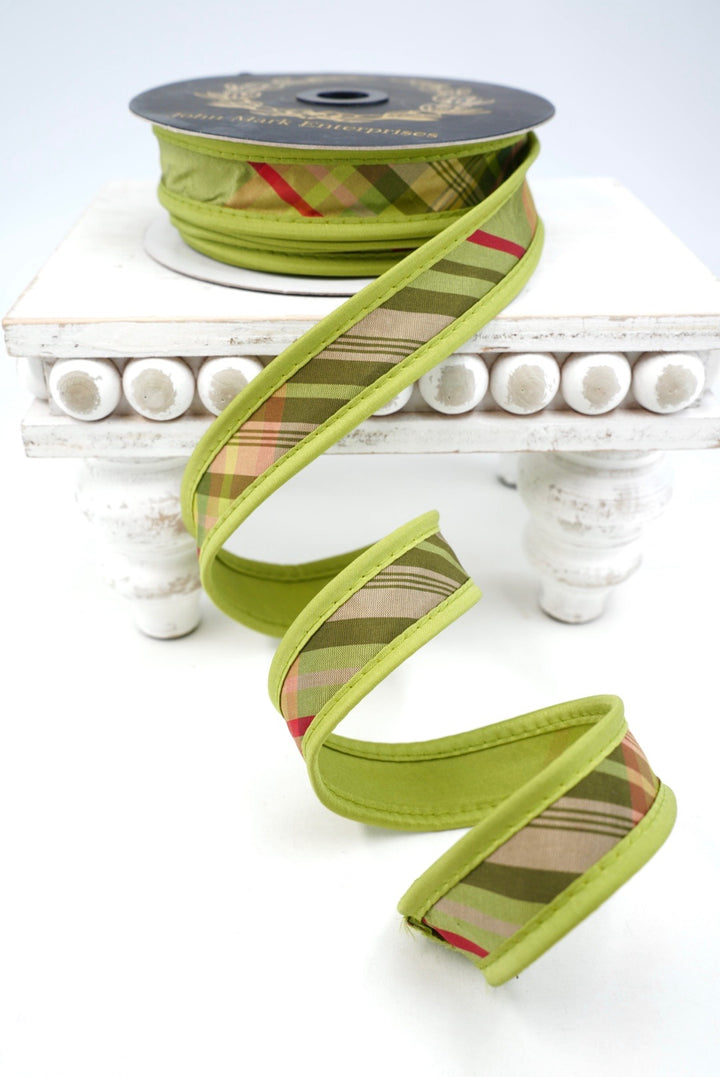 John Mark, Green Plaid Taffeta Wired Ribbon - 1"