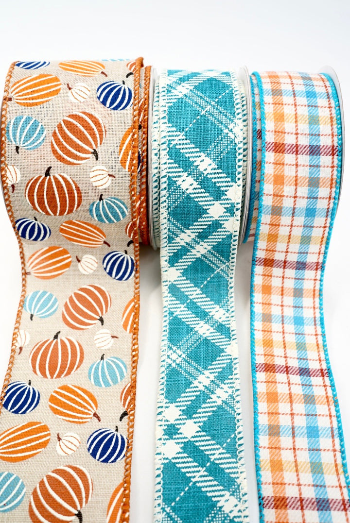 Turquoise Pumpkin And Plaid Bow Bundle x 3 Ribbons