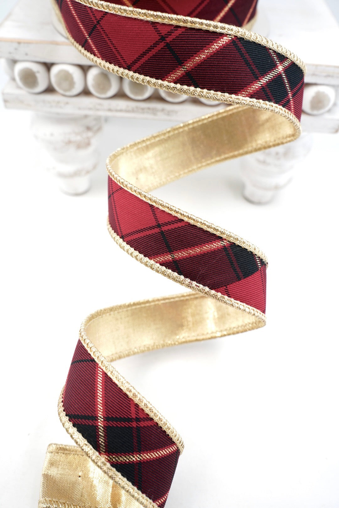 John Mark, Burgundy & Gold Plaid Wired Ribbon - 1"