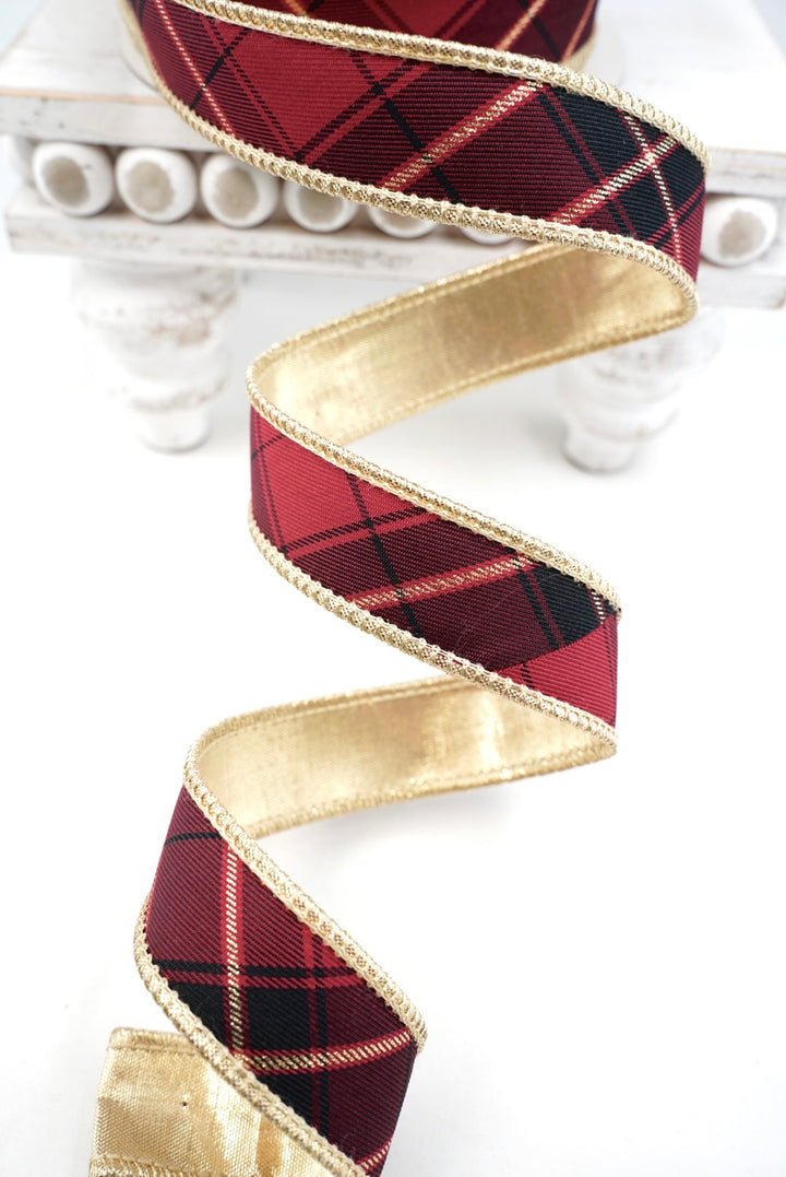 John Mark, Burgundy & Gold Plaid Wired Ribbon - 1"