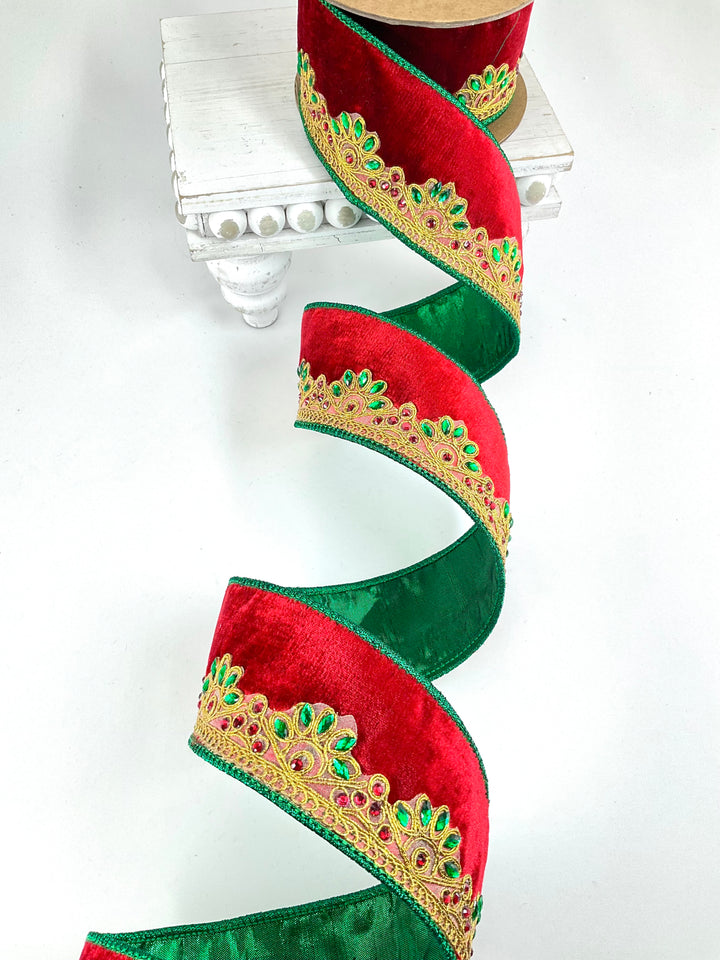 Gold Scallope Jewel Trim Wired Premium Velvet Ribbon - 2.5"