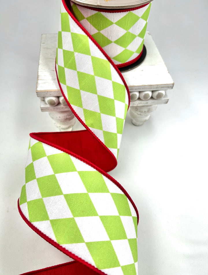 D Stevens Harlequin Red And Lime Wired Ribbon 3”