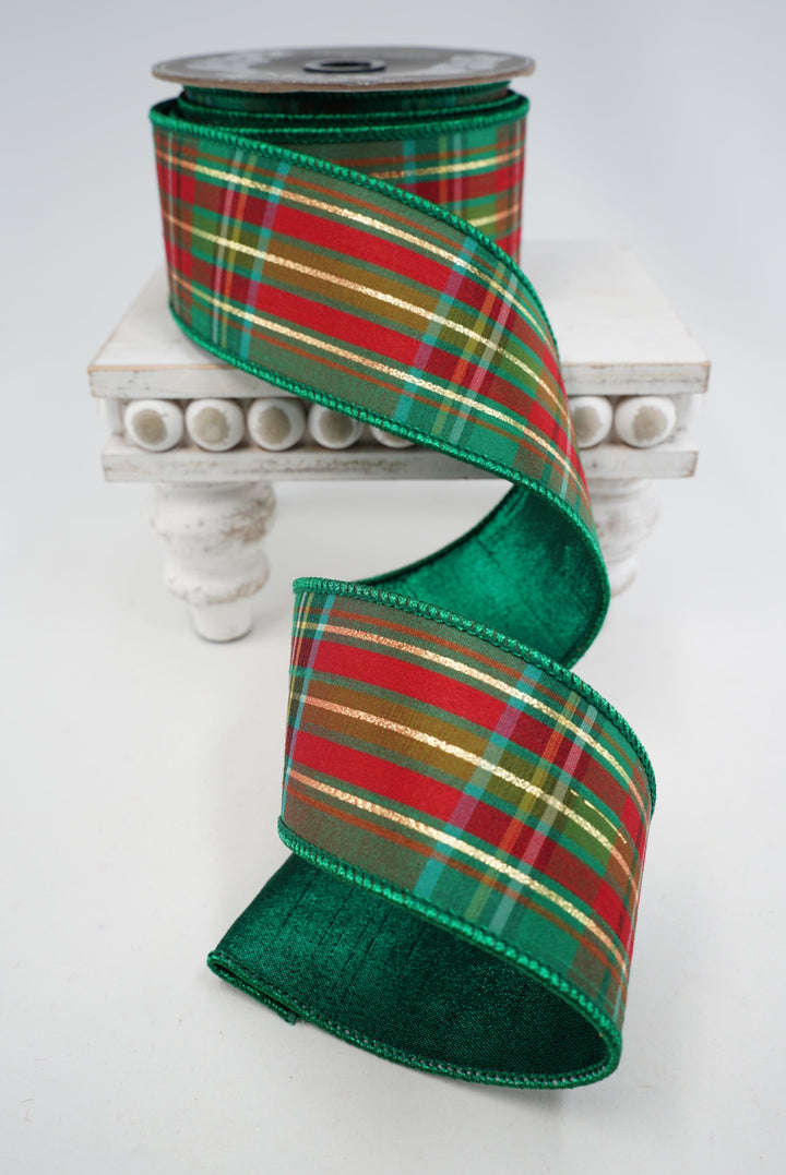 Green holiday plaid wired ribbon 2.5”