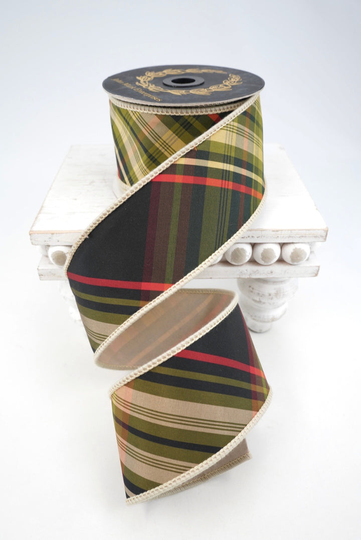 John Mark, Green Huntington Plaid Taffeta Wired Ribbon - 2.5"