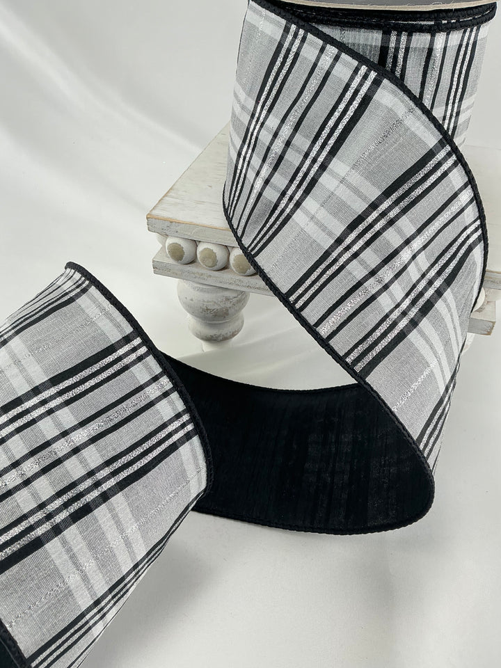 Farrisilk Black and White preppy plaid 4” wired ribbon