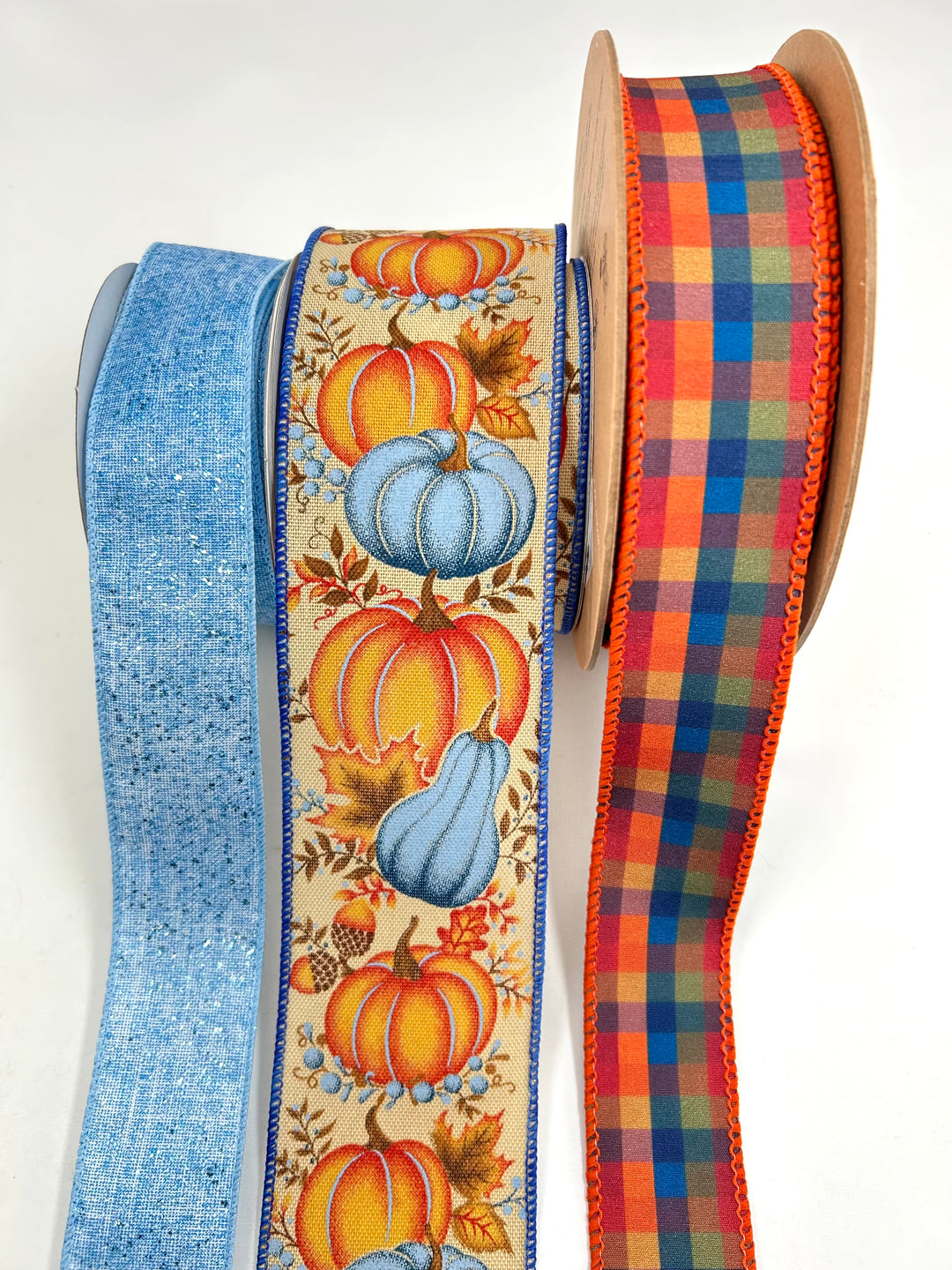 Blue Plaid Pumpkin Bow Bundle x 3 Ribbons