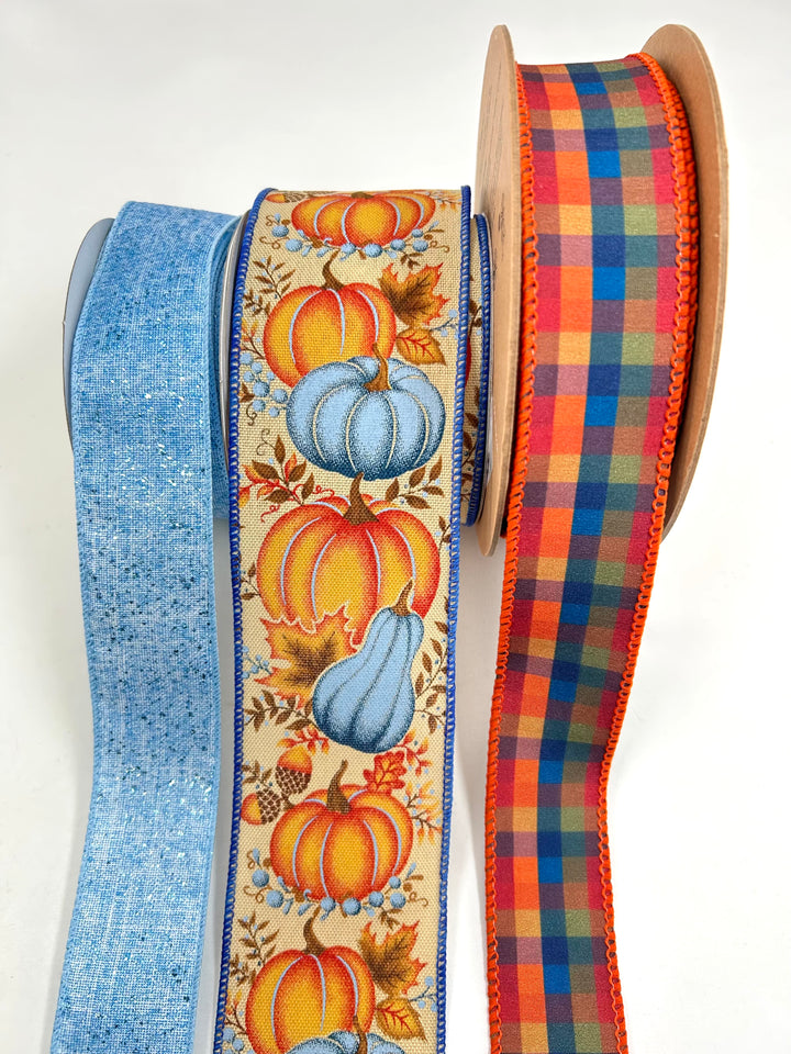 Blue Plaid Pumpkin Bow Bundle x 3 Ribbons