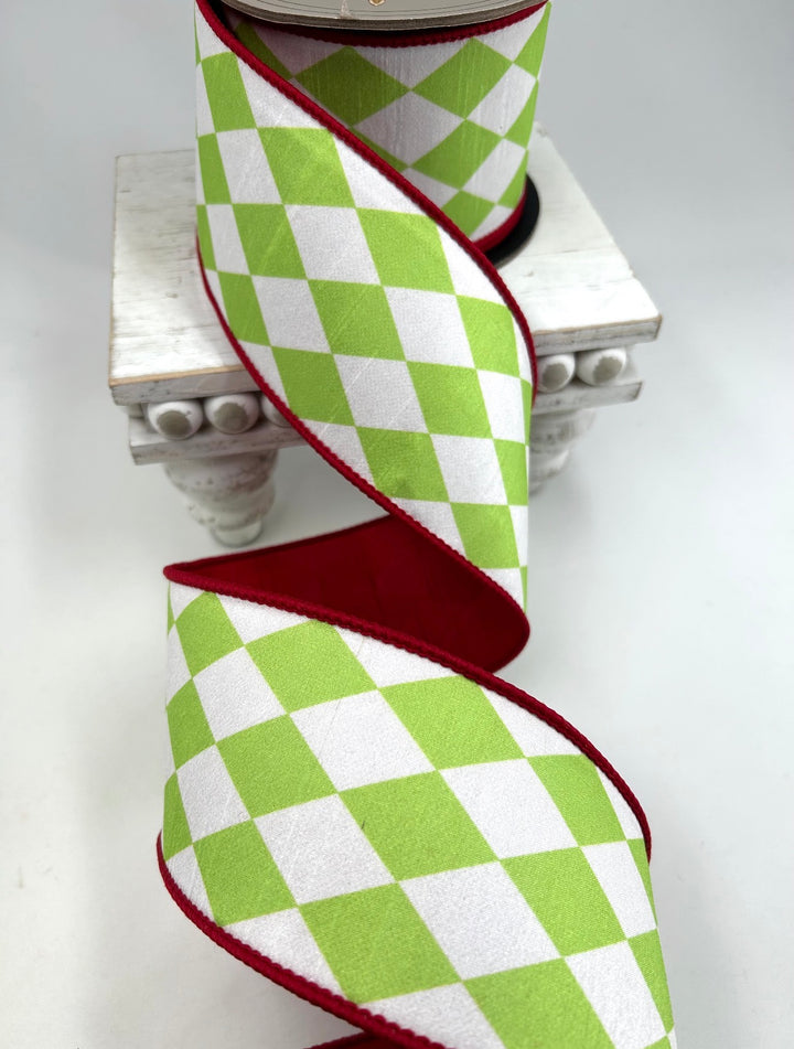 D Stevens Harlequin Red And Lime Wired Ribbon 3”