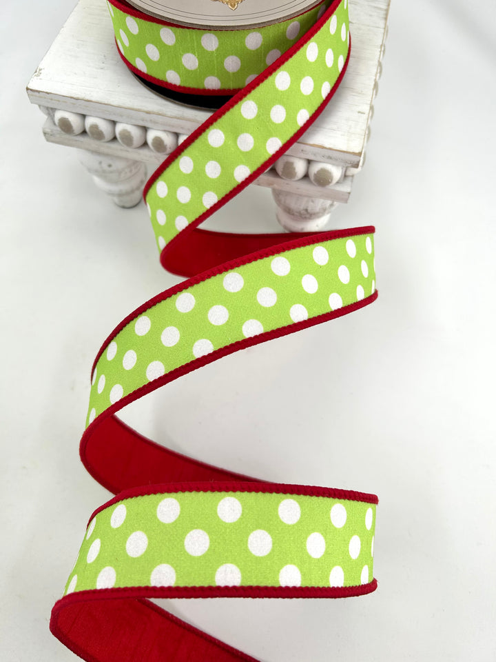 D Stevens Polka Dot Red And Lime Wired Ribbon 1.5”