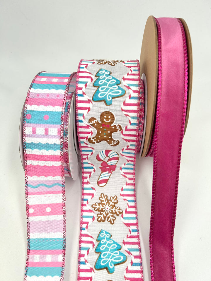 Pink Aqua Blue Gingerbread Bow Bundle x 3 Wired Ribbons