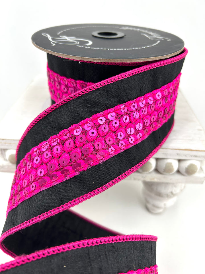 Farrisilk Hot Pink & Black Hoo Who Wired Ribbon - 2.5"