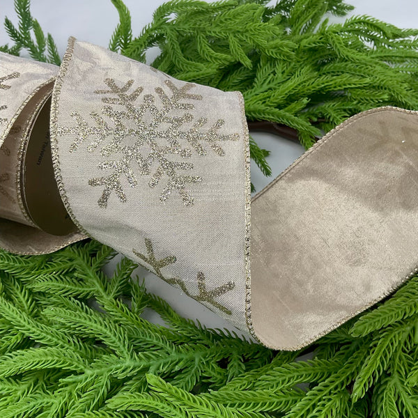 Snowflake wired ribbon 4” champagne - Greenery Market