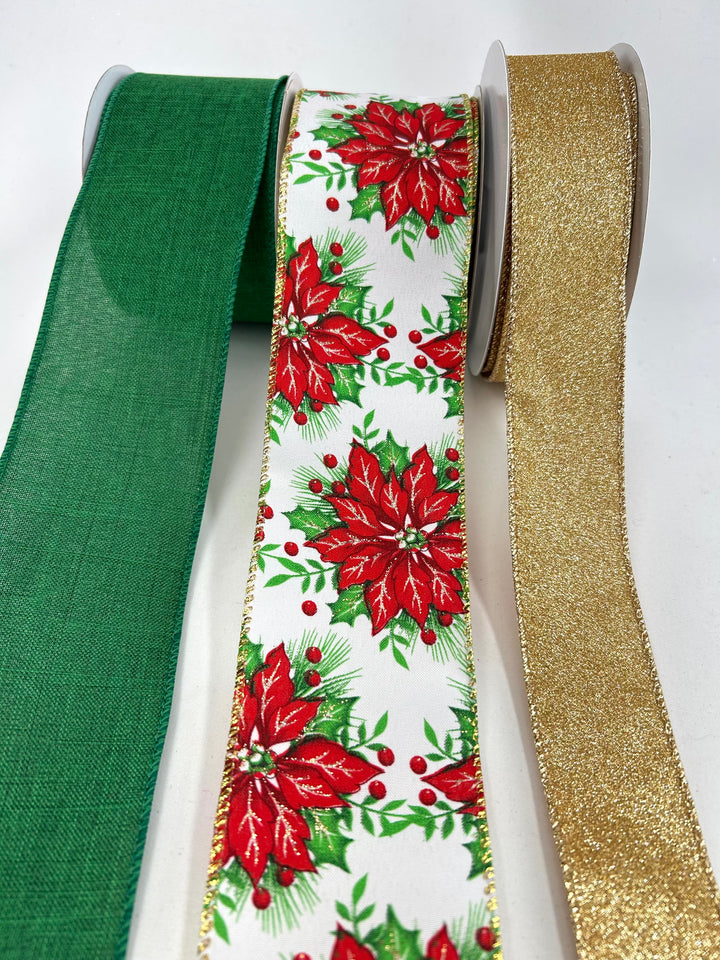 Red And Green Poinsettia Bow Bundle x 3 ribbons