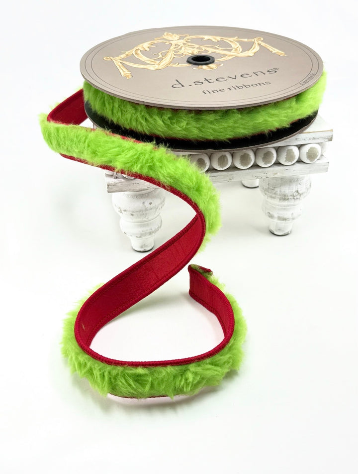 D Stevens Red And Green Fur Wired Ribbon 1”