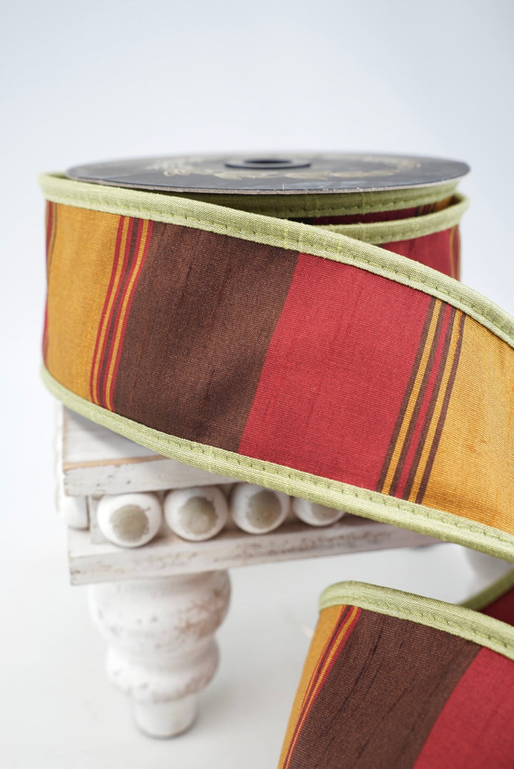 John Mark, Autumn Rust Dupion Stripe Wired Ribbon - 2.5"