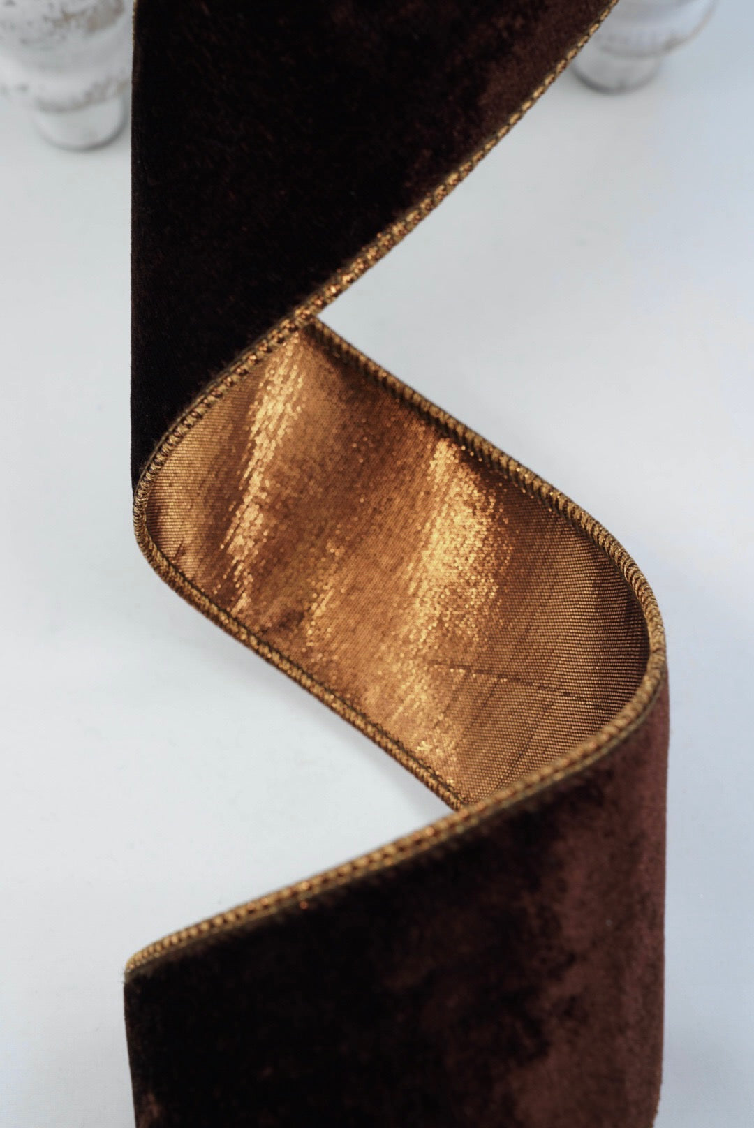 John Mark, Dark Brown Velvet Metallic Dupion Wired Ribbon - 2.5"