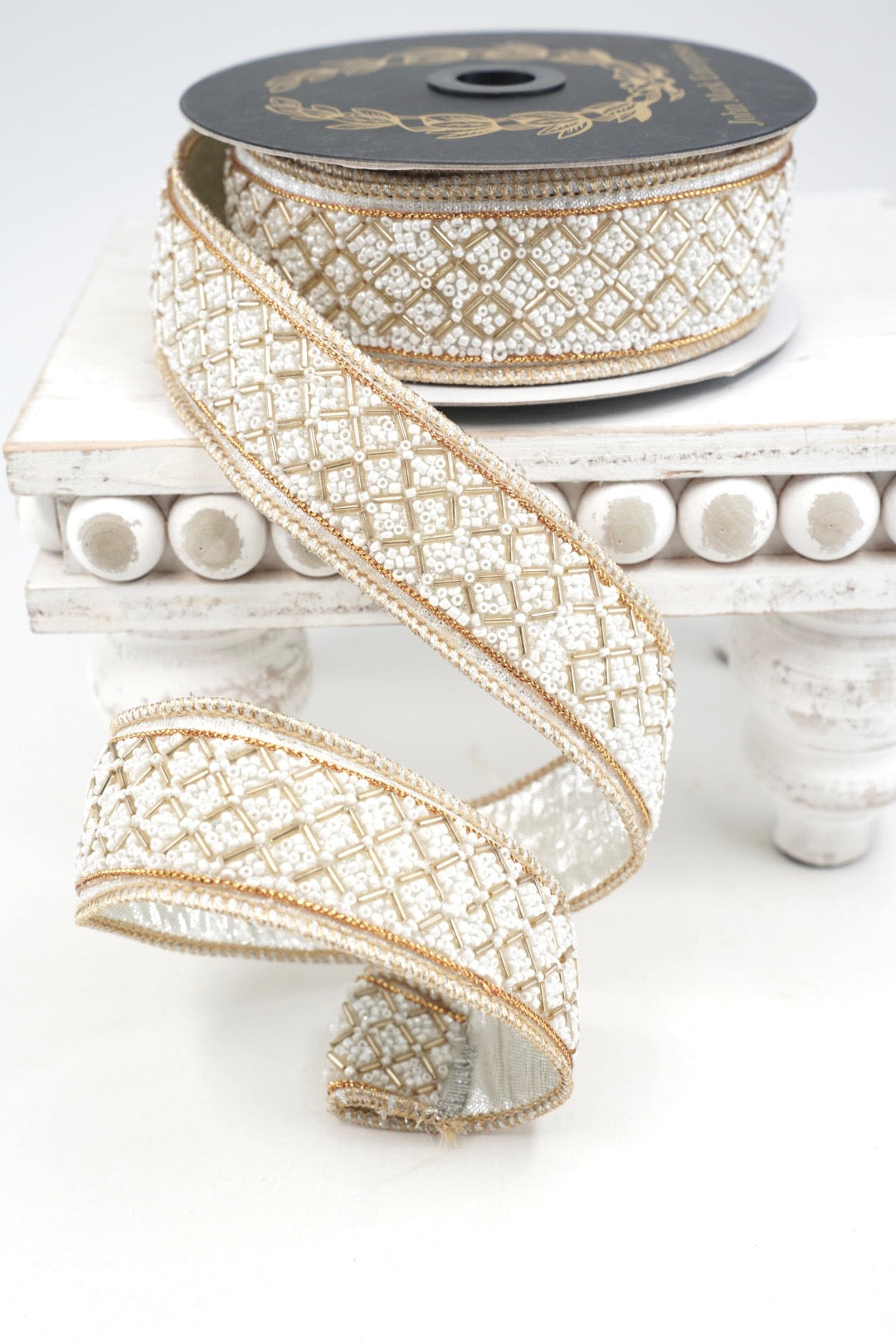 John Mark, Ivory & Gold Beaded Metallic Dupion Trim Wired Ribbon - 1.5"